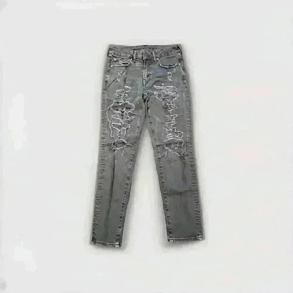American Eagle Jeans Mens 28X28 Black Distressed Skinny Airflex+ Stretch 4445 - Picture 1 of 11